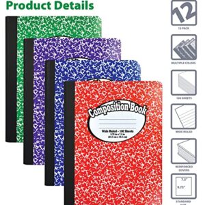 Better Office Products Composition Book Notebook - Hardcover, Wide Ruled (11/32-inch), 100 Sheet, One Subject, 9.75" x 7.5", Assorted Covers: Red, Blue, Green, Purple-12 Pack