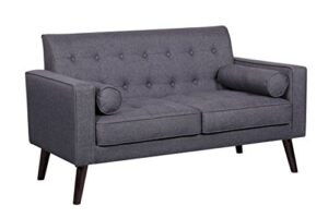 container furniture direct valadez linen upholstered tufted mid-century modern loveseat with bolsters, dark grey