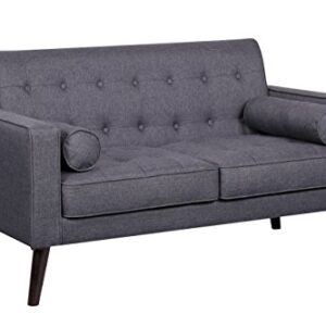 Container Furniture Direct Valadez Linen Upholstered Tufted Mid-Century Modern Loveseat with Bolsters, Dark Grey