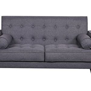 Container Furniture Direct Valadez Linen Upholstered Tufted Mid-Century Modern Loveseat with Bolsters, Dark Grey