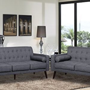 Container Furniture Direct Valadez Linen Upholstered Tufted Mid-Century Modern Loveseat with Bolsters, Dark Grey