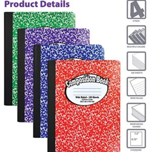 Better Office Products Composition Book Notebook - Hardcover, Wide Ruled (11/32-inch), 100 Sheet, One Subject, 9.75" x 7.5", Assorted Covers: Red, Blue, Green, Purple-4 Pack