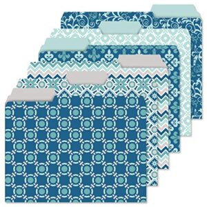 coastal blues file folder value pack - set of 24 file folders with staggered tabs, 6 designs, graphic geometric print, office supplies, letter size,  9 ½  x 11 ¾ inches