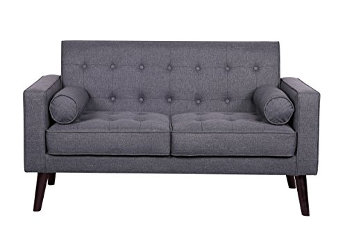 Container Furniture Direct S5300-L Valadez Linen Upholstered Tufted Mid-Century Modern Loveseat with Bolsters, Dark Grey