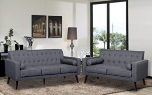container furniture direct s5300-l valadez linen upholstered tufted mid-century modern loveseat with bolsters, dark grey