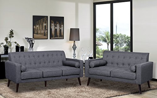 Container Furniture Direct S5300-L Valadez Linen Upholstered Tufted Mid-Century Modern Loveseat with Bolsters, Dark Grey