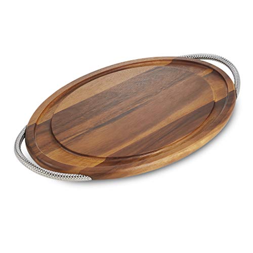 nambe Braid Wooden Carving Board | Extra Large Chopping Board, 24” x 14” | Meat Cutting Boards for Kitchen with Juice Groove and Handles | Made of Acacia Wood and Chrome Plate