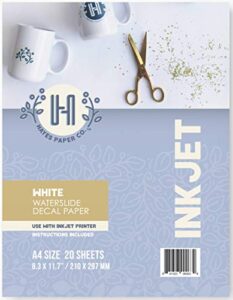hayes paper co. waterslide decal paper inkjet white - decal paper for inkjet printer - a4 water transfer paper, 20 sheets (8.25 x 11.75")