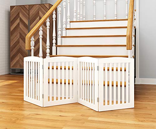 PAWLAND Wooden Freestanding Foldable Pet Gate for Dogs, 24 inch 4 Panels Step Over Fence, Dog Gate for The House, Doorway, Stairs, Extra Wide (White, 24" Height-4 Panels)