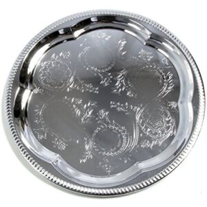 Maro Megastore (Pack of 4) 11.8-Inch Elegant Round Floral Pattern Engraved Catering Chrome Plated Serving Plate Mirror Tray Platter Tableware Decor Holiday Wedding Birthday Party (Small) T226s-4pk