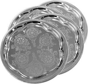 maro megastore (pack of 4) 11.8-inch elegant round floral pattern engraved catering chrome plated serving plate mirror tray platter tableware decor holiday wedding birthday party (small) t226s-4pk