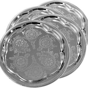 Maro Megastore (Pack of 4) 11.8-Inch Elegant Round Floral Pattern Engraved Catering Chrome Plated Serving Plate Mirror Tray Platter Tableware Decor Holiday Wedding Birthday Party (Small) T226s-4pk