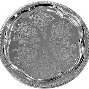 Maro Megastore (Pack of 4) 11.8-Inch Elegant Round Floral Pattern Engraved Catering Chrome Plated Serving Plate Mirror Tray Platter Tableware Decor Holiday Wedding Birthday Party (Small) T226s-4pk