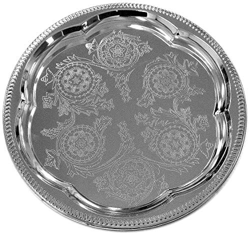 Maro Megastore (Pack of 4) 11.8-Inch Elegant Round Floral Pattern Engraved Catering Chrome Plated Serving Plate Mirror Tray Platter Tableware Decor Holiday Wedding Birthday Party (Small) T226s-4pk