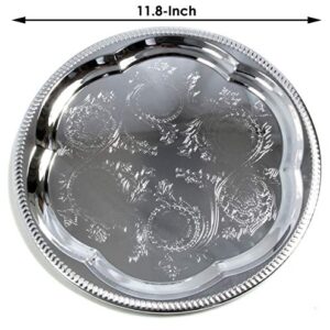 Maro Megastore (Pack of 4) 11.8-Inch Elegant Round Floral Pattern Engraved Catering Chrome Plated Serving Plate Mirror Tray Platter Tableware Decor Holiday Wedding Birthday Party (Small) T226s-4pk