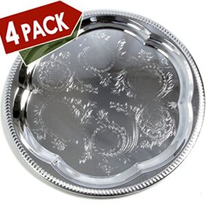 Maro Megastore (Pack of 4) 11.8-Inch Elegant Round Floral Pattern Engraved Catering Chrome Plated Serving Plate Mirror Tray Platter Tableware Decor Holiday Wedding Birthday Party (Small) T226s-4pk