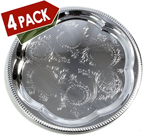 Maro Megastore (Pack of 4) 11.8-Inch Elegant Round Floral Pattern Engraved Catering Chrome Plated Serving Plate Mirror Tray Platter Tableware Decor Holiday Wedding Birthday Party (Small) T226s-4pk