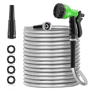 specilite 50ft 304 stainless steel garden hose metal, heavy duty water hoses with 2 nozzles for yard, outdoor - flexible, never kink & tangle, puncture resistant