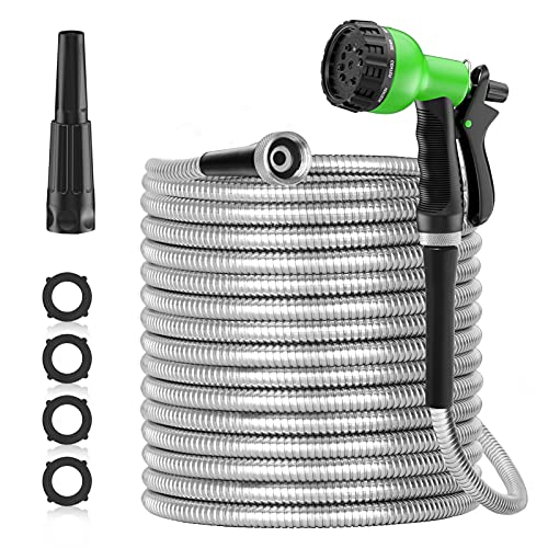 SPECILITE 50ft 304 Stainless Steel Garden Hose Metal, Heavy Duty Water Hoses with 2 Nozzles for Yard, Outdoor - Flexible, Never Kink & Tangle, Puncture Resistant