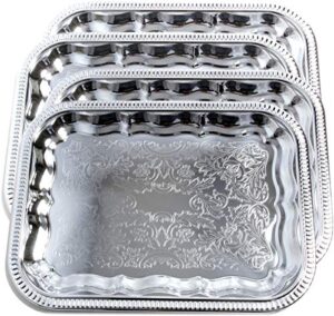 maro megastore (pack of 4) 13.4-inch x 10-inch oblong rectangular trim victoria flower engraved chrome plated serving plate mirror tray platter tableware candle deco art holiday party(small) t227s-4pk