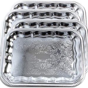 Maro Megastore (Pack of 4) 13.4-Inch x 10-Inch Oblong Rectangular Trim Victoria Flower Engraved Chrome Plated Serving Plate Mirror Tray Platter Tableware Candle Deco Art Holiday Party(Small) T227s-4pk