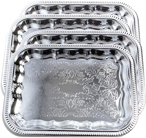 Maro Megastore (Pack of 4) 13.4-Inch x 10-Inch Oblong Rectangular Trim Victoria Flower Engraved Chrome Plated Serving Plate Mirror Tray Platter Tableware Candle Deco Art Holiday Party(Small) T227s-4pk