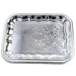 Maro Megastore (Pack of 4) 13.4-Inch x 10-Inch Oblong Rectangular Trim Victoria Flower Engraved Chrome Plated Serving Plate Mirror Tray Platter Tableware Candle Deco Art Holiday Party(Small) T227s-4pk