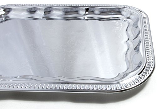 Maro Megastore (Pack of 4) 13.4-Inch x 10-Inch Oblong Rectangular Trim Victoria Flower Engraved Chrome Plated Serving Plate Mirror Tray Platter Tableware Candle Deco Art Holiday Party(Small) T227s-4pk