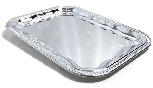 Maro Megastore (Pack of 4) 13.4-Inch x 10-Inch Oblong Rectangular Trim Victoria Flower Engraved Chrome Plated Serving Plate Mirror Tray Platter Tableware Candle Deco Art Holiday Party(Small) T227s-4pk