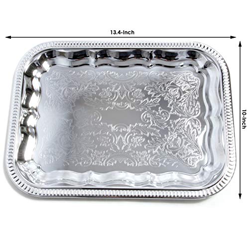 Maro Megastore (Pack of 4) 13.4-Inch x 10-Inch Oblong Rectangular Trim Victoria Flower Engraved Chrome Plated Serving Plate Mirror Tray Platter Tableware Candle Deco Art Holiday Party(Small) T227s-4pk