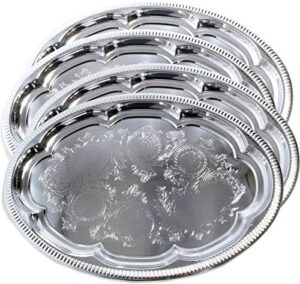 maro megastore (pack of 4) 15.7 inch x 11.4 inch traditional oval flower pattern carving dining chrome plated dinner plate mirror plate plate plate metal tableware party medium t225m-4pk