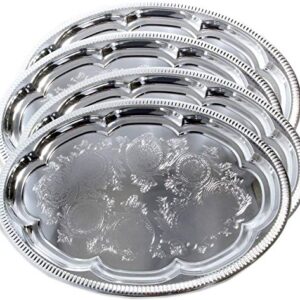 Maro Megastore (Pack of 4) 15.7 inch x 11.4 inch traditional oval flower pattern carving dining chrome plated dinner plate mirror plate plate plate metal tableware party Medium T225M-4PK