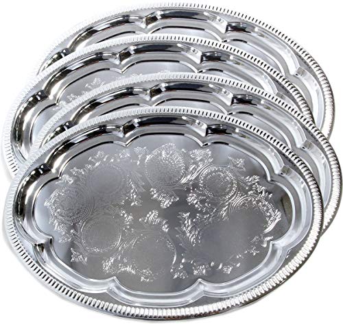 Maro Megastore (Pack of 4) 15.7 inch x 11.4 inch traditional oval flower pattern carving dining chrome plated dinner plate mirror plate plate plate metal tableware party Medium T225M-4PK