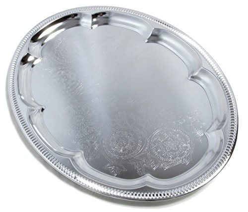 Maro Megastore (Pack of 4) 15.7 inch x 11.4 inch traditional oval flower pattern carving dining chrome plated dinner plate mirror plate plate plate metal tableware party Medium T225M-4PK