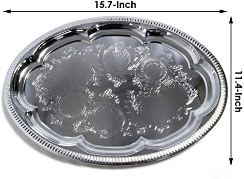 Maro Megastore (Pack of 4) 15.7 inch x 11.4 inch traditional oval flower pattern carving dining chrome plated dinner plate mirror plate plate plate metal tableware party Medium T225M-4PK