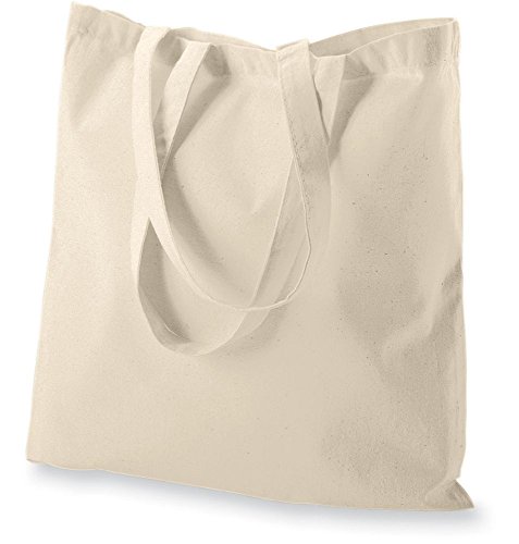 ATMOS GREEN 12 Pack 15x16 inch with 27" long handle 5 Oz NATURAL color Recycled Cotton Tote Bags Sustainable Eco Friendly reusable grocery super strong great for promotion branding gift MADE in INDIA