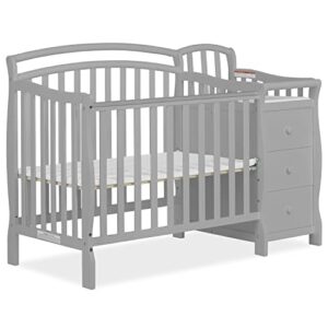dream on me casco 3-in-1 mini crib and changing table in pebble grey, convertible crib, made of pinewood, three position adjustable mattress height settings