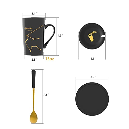 Fullcci -15oz Aquarius Birthday Gift Ceramic Creative Constellation Zodiac Coffee Mug Set Capacity Upgrade Tea Cup for Cocoa Water Milk Juice (Aquarius-Black Gold)