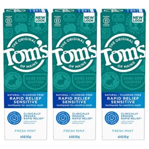 tom's of maine fluoride-free rapid relief sensitive toothpaste, fresh mint, 4 oz. 3-pack (packaging may vary)