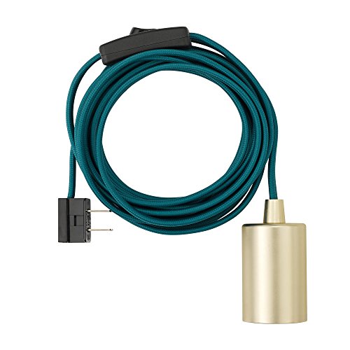 Globe Electric 69997 Emile 1-Light Plug-in Exposed Pendant, 15-ft Teal Cloth Cord, in-Line On/Off Rocker Switch, Brass Socket, 180