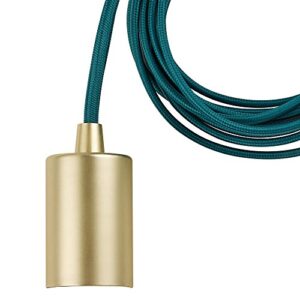 Globe Electric 69997 Emile 1-Light Plug-in Exposed Pendant, 15-ft Teal Cloth Cord, in-Line On/Off Rocker Switch, Brass Socket, 180