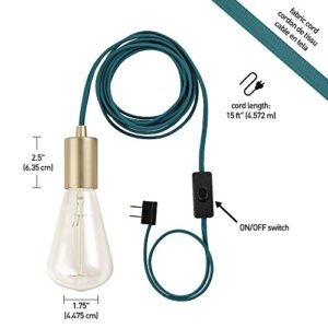 Globe Electric 69997 Emile 1-Light Plug-in Exposed Pendant, 15-ft Teal Cloth Cord, in-Line On/Off Rocker Switch, Brass Socket, 180