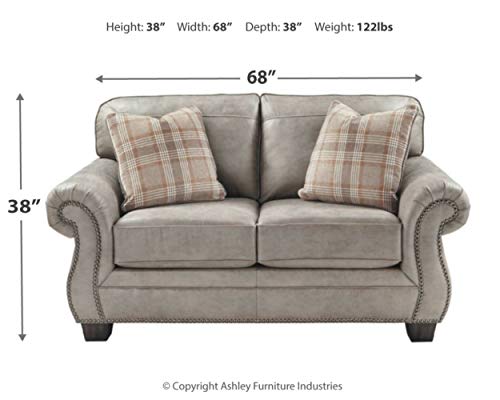 Signature Design by Ashley Olsberg Faux Leather Loveseat with Nailhead Trim and 2 Accent Pillows, Gray