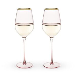 twine rose white wine glasses, gold rimmed pink tinted crystal wine glass set, stemmed wine glasses, set of 2, 14 ounces