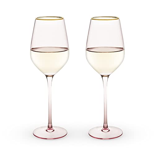 Twine Rose White Wine Glasses, Gold Rimmed Pink Tinted Crystal Wine Glass Set, Stemmed Wine Glasses, Set of 2, 14 Ounces