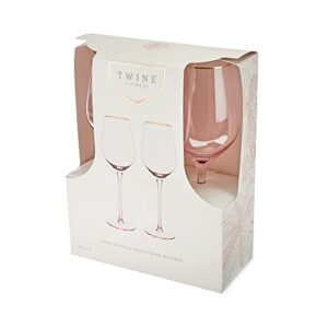 Twine Rose White Wine Glasses, Gold Rimmed Pink Tinted Crystal Wine Glass Set, Stemmed Wine Glasses, Set of 2, 14 Ounces