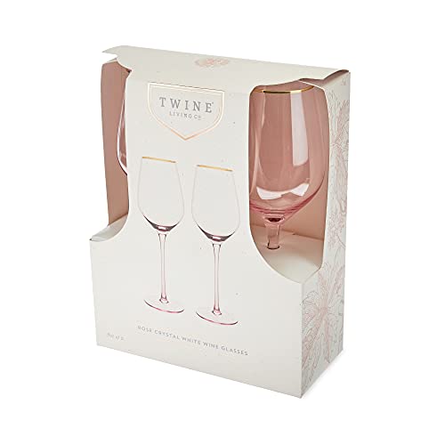 Twine Rose White Wine Glasses, Gold Rimmed Pink Tinted Crystal Wine Glass Set, Stemmed Wine Glasses, Set of 2, 14 Ounces