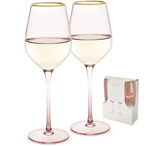 Twine Rose White Wine Glasses, Gold Rimmed Pink Tinted Crystal Wine Glass Set, Stemmed Wine Glasses, Set of 2, 14 Ounces