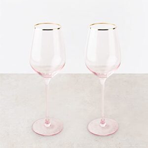 Twine Rose White Wine Glasses, Gold Rimmed Pink Tinted Crystal Wine Glass Set, Stemmed Wine Glasses, Set of 2, 14 Ounces