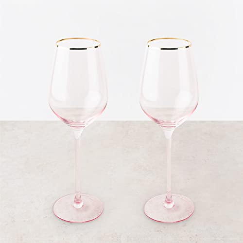 Twine Rose White Wine Glasses, Gold Rimmed Pink Tinted Crystal Wine Glass Set, Stemmed Wine Glasses, Set of 2, 14 Ounces